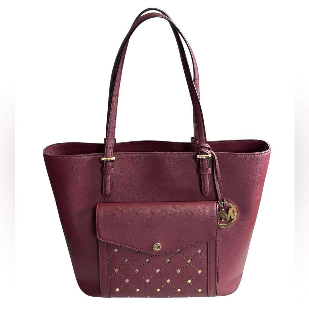 Nwot Michael Kors Jet Set Maroon Tote Bag With And Gold Metal Accents